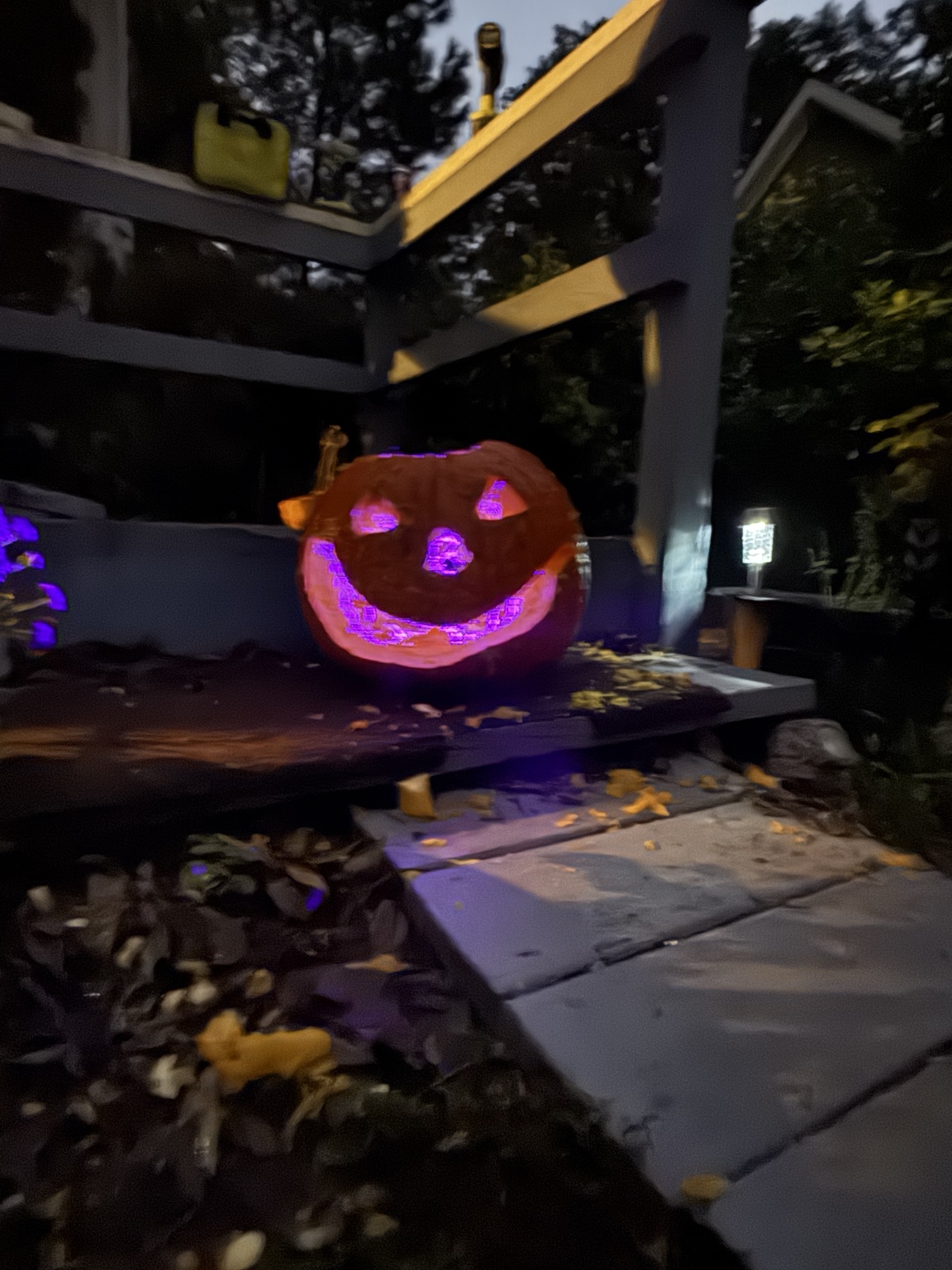 The same hand-carved pumpkin illuminated with purple lighting outdoors at dusk